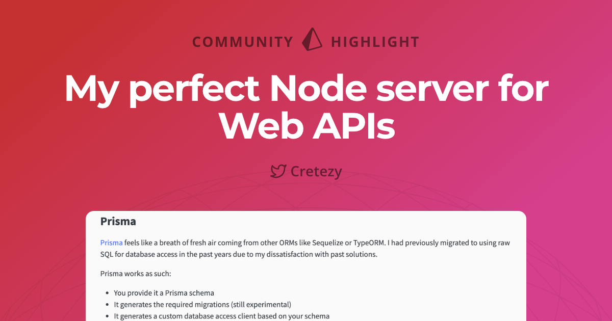 prisma's tweet photo. 😎 Short, sweet and to the point, @Cretezy shares his perfect stack for building Web APIs featuring: 

‣ InversifyJS
‣ Routex
‣ Prisma 

Take a minute and give it a read: https://t.co/YFFB5XBu7R https://t.co/inAkyhpDvT