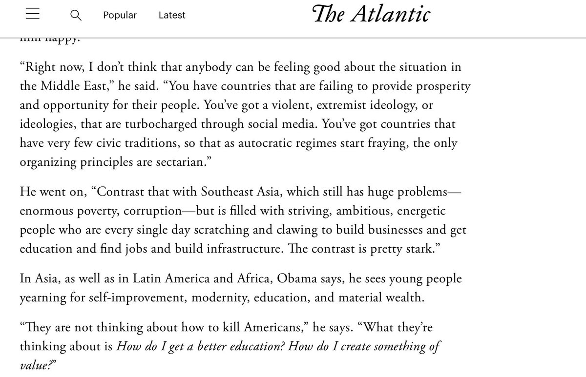 Obama summed up the above general view in his v candid and infamous intrvw with  @JeffreyGoldberg, where he explained why the US should re-pivot away from the fucked up Middle East and focus elsewhere bcz...well, we wake up fucked up. https://www.theatlantic.com/magazine/archive/2016/04/the-obama-doctrine/471525/