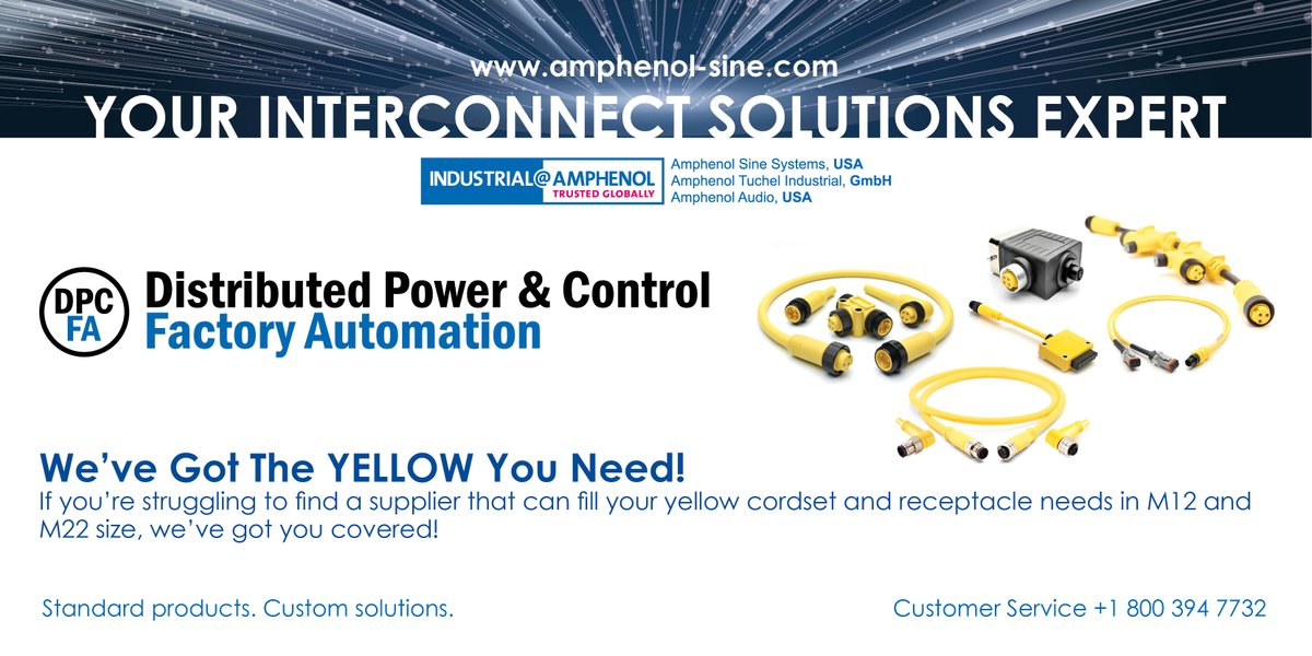 AmphenolSine's tweet photo. We've Got The Yellow You Need!
#DistributedPowerControl #FactoryAutomation
https://t.co/oBG2UHb2D0 https://t.co/cMgWdrlMbU