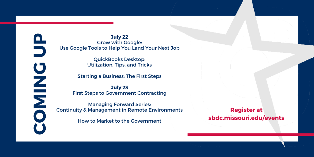MissouriSBDC's tweet photo. 📅 Sign up and mark your calendar for this week's webinars and courses!
#SBDC #quickbooks #firststeps #managingforward #COVID19 https://t.co/BbzTGdWgAU