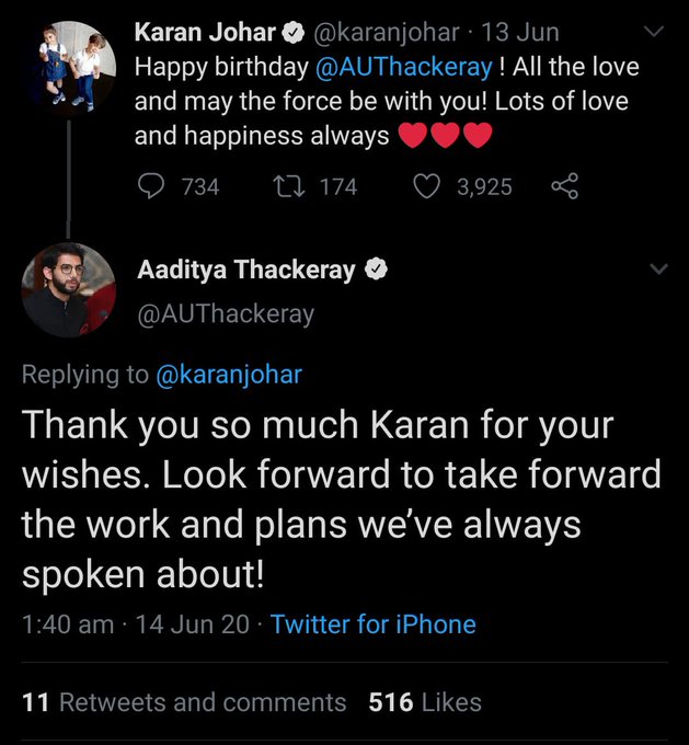 PrositChakrabo1's tweet photo. #WorldSeekingJusticeForSSR
Guys Just Note Down that Aaditya Thakray Replied Karan Johar At 1.40 Am On 14th June and read his comment very carefully.. you will understand something....CBI is must...
@narendramodi @AmitShah @rashtrapatibhvn https://t.co/drvMJwUGmW