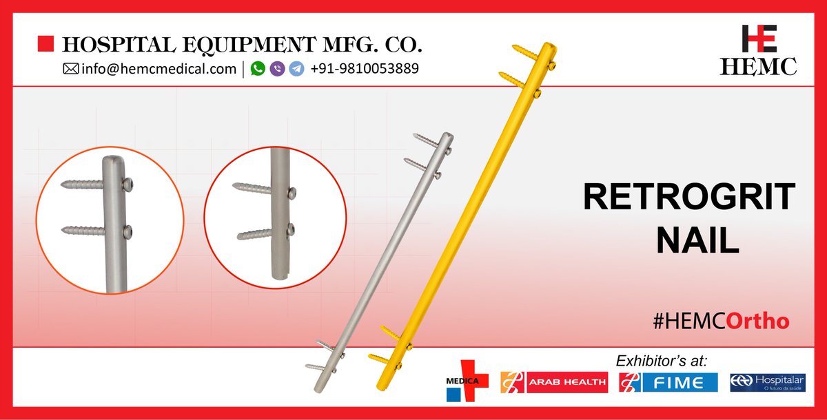 HemcOrtho's tweet image. #HEMCMedical is India’s largest manufacturer and exporter that’s offer a wide range of high quality #RetrogritNail to all over the World. Visit at hemcortho.com
#NailingSystem, #InterlockingNails,#LockingScrews,  #OrthopedicImplants,  #HEMCOrtho, #HEMCIndia