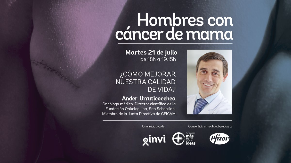#Cáncerdemama en hombres. Cómo mejorar nuestra calidad de vida?

Martes 21/07 <a href="/anderu71/">Ander Urruticoechea</a> hablará de:

👉Qué especialistas intervienen una vez diagnosticado?
👉Tipos de tratamientos
👉Qué puedes hacer para mejorar tu calidad de vida?
👉Investigación

+ info 
fundacionmasqueideas.org/portfolio/homb…