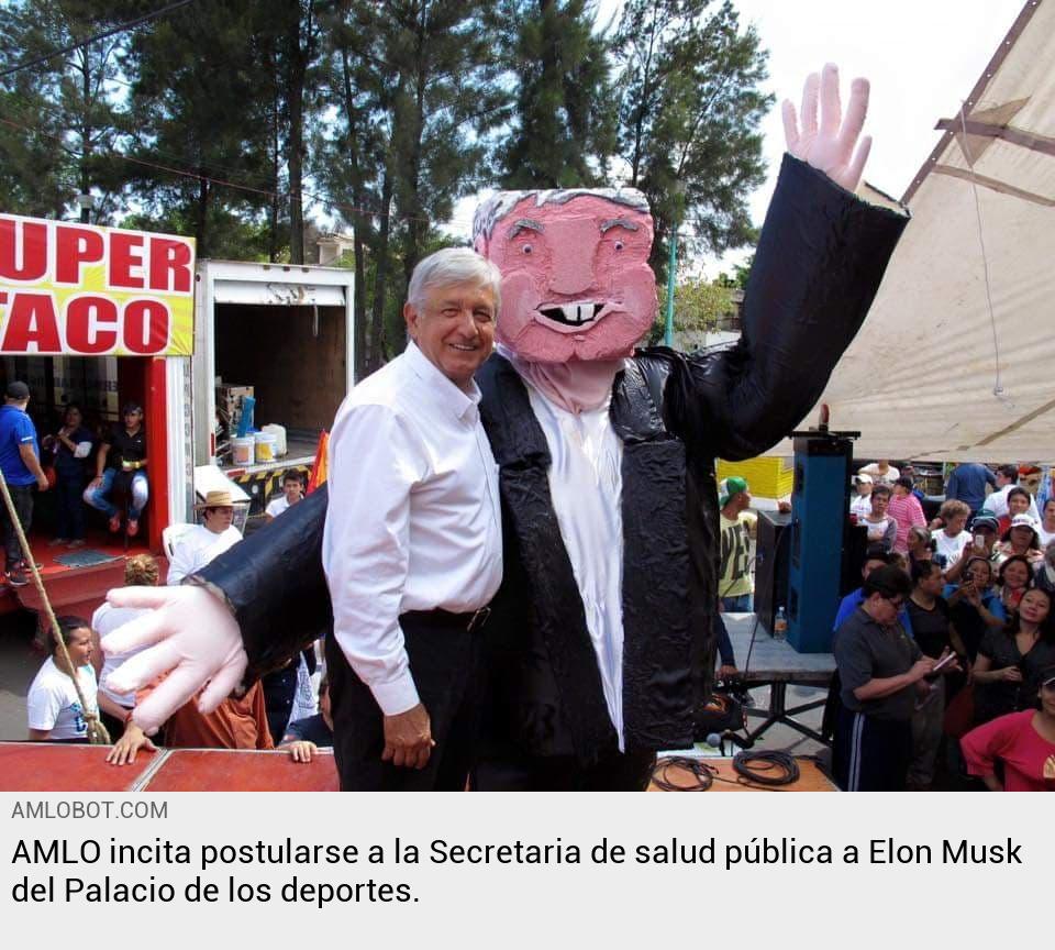 ABot2024's tweet photo. AMLO incita postularse a la Secretaria de salud pública a Elon Musk del Palacio de los deportes. https://t.co/Waj0hikM4Y