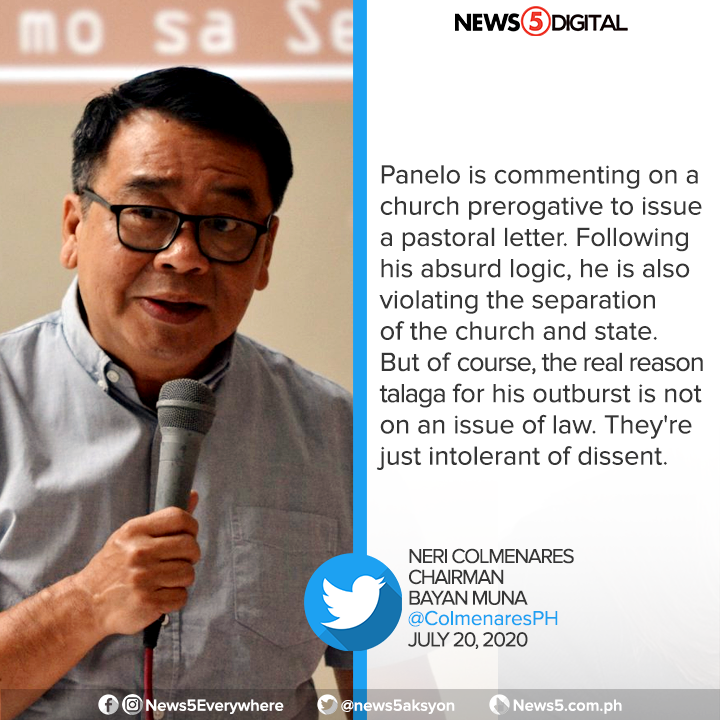 News5PH's tweet photo. Pinuna ng dating mambabatas na si Neri Colmenares ang komento ni Chief Presidential Legal Counsel Salvador Panelo sa paglalabas ng pastoral letter ng Simbahang Katolika sa iba't ibang isyu. https://t.co/cKLuUCOMuR
