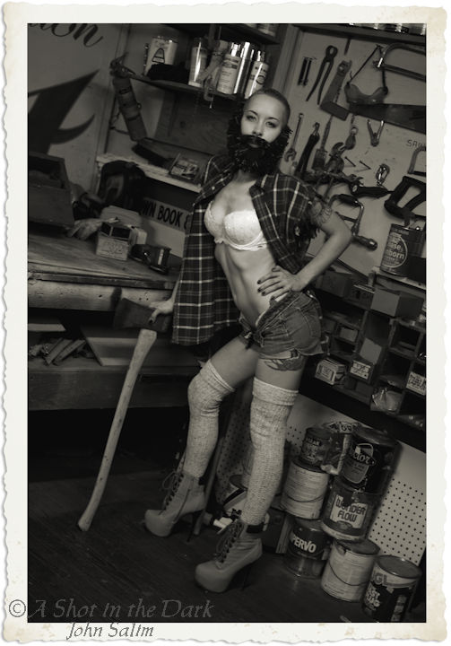 #MillieMie is ready to start the work week in this throwback from October of 2016 #shavedhead #beard #plaidshirt #denimshorts #thighsocks #highheels #tonedabs #axe #lumberjack #picoftheday