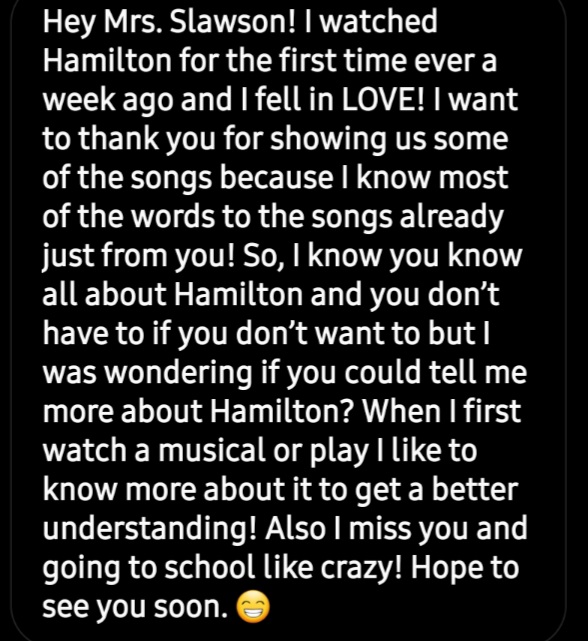 When a message like this comes out of nowhere, it reminds us why we teach. Thank you <a href="/Lin_Manuel/">Lin-Manuel Miranda</a> for giving me a way to connect with my students and for inspiring them to want to know more! 

To those in charge today, be mindful, History has it's eyes on you! Be better.