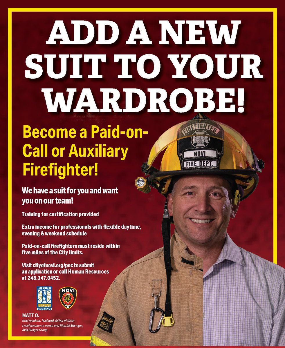 Add a new suit to your wardrobe!  Join the #NoviFD today and help us keep #NoviSafe | Visit cityofnovi.org and apply today!  
#PartnersWithOurCommunity
#CommitmenttoExcellence 
⁦<a href="/skrabach/">Sean Krabach</a>⁩ ⁦<a href="/MikeOlando/">Mike Olando</a>⁩ ⁦<a href="/pehrsonm/">Mark Pehrson</a>⁩