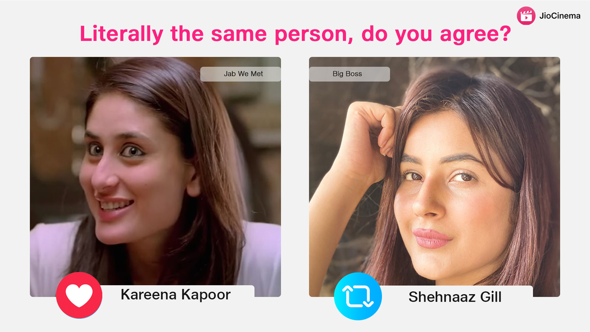 HotstarReality's tweet photo. The resemblance is uncanny! 😍

🔁 RT for #ShehnaazGiIl, LIKE for #KareenaKapoorKhan ❤️

#BiggBoss14 #BiggBoss13 #BiggBoss #jabwemet #MondayMotivation #KareenaKapoor #mondaythoughts #SidNaaz https://t.co/m5ZvpPDIjM
