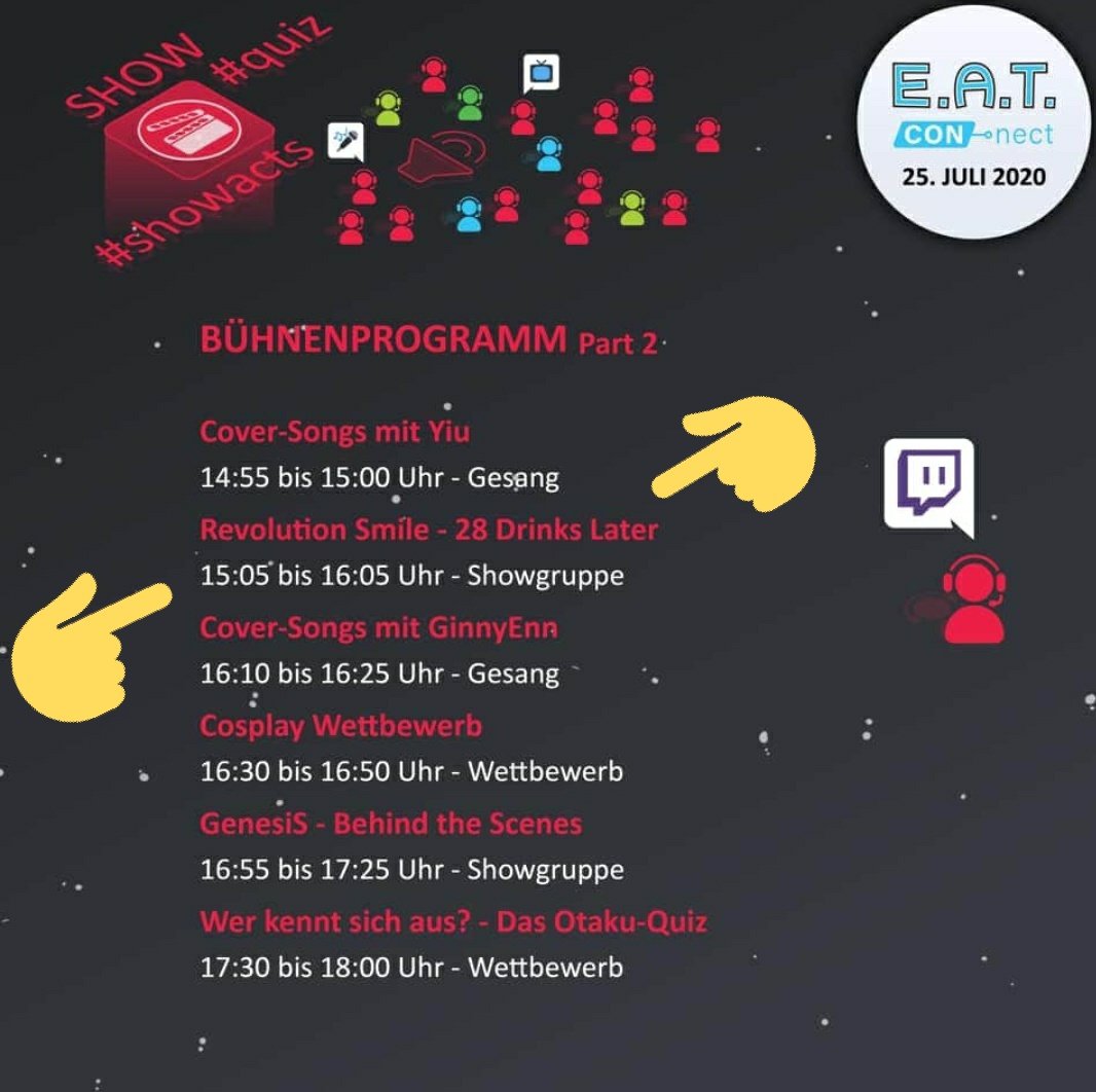 Hallo zusammen,

wer am Samstag, den 25.07.2020 Lust auf Convention-Feeling auf der Couch hat, sollte auf jeden Fall beim  E.A.T Con-nect einschalten.
facebook.com/36625379341474…

Dort werden wir nochmal um 15:05 Uhr mit unserem Stück, "28 Drinks later" zu sehen sein
🍹🧟‍♂️🍸🧟‍♀️🍷