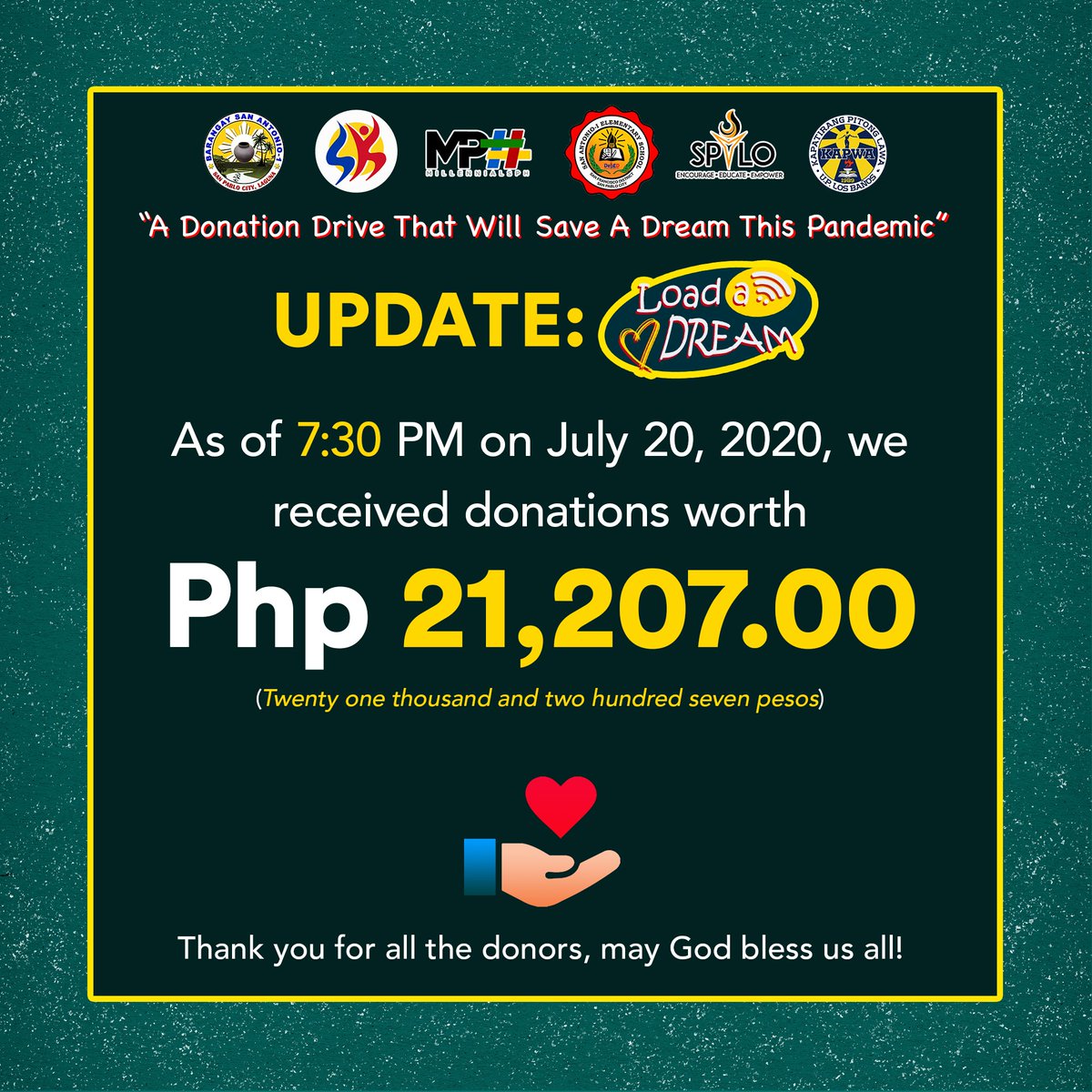 LoadADream1's tweet photo. MARAMING SALAMAT PO!🤗

Nawa po ay patuloy ninyo kaming suportahan upang tuluyang maisakatuparan ang inisyatibong ito at nang sa gayon ay marami pa tayong matulungang mag-aaral na maabot ang kanila pangarap. Sa ngayon po ay nakalikom na po tayo ng Php 21,207.00 https://t.co/hhskGNFbyU