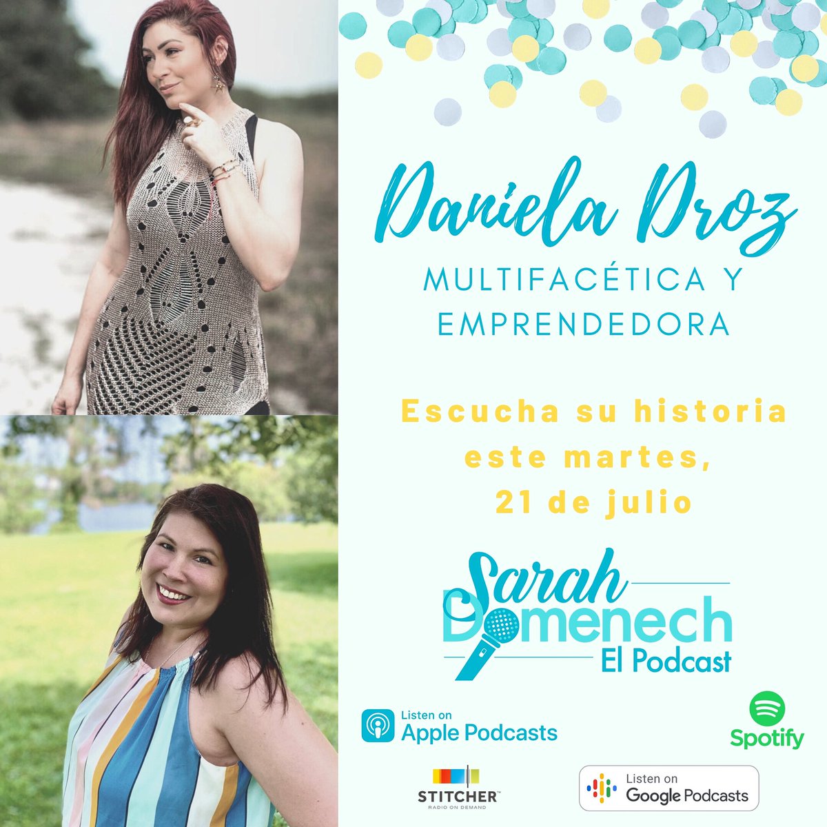 sarahdomenech28's tweet photo. Escucha mi amena charla con la multifacética actriz, cantante y presentadora puertorriqueña @danieladroz 🎤🎧 Escúchanos mañana 7/21 21 en las plays. de podcast: Apple, Google, Stitcher, Spotify y https://t.co/a43bFRo99p
#sarahdomenechelpodcast
#danieladroz #alegriaybombaeh https://t.co/qijrVWMCFH