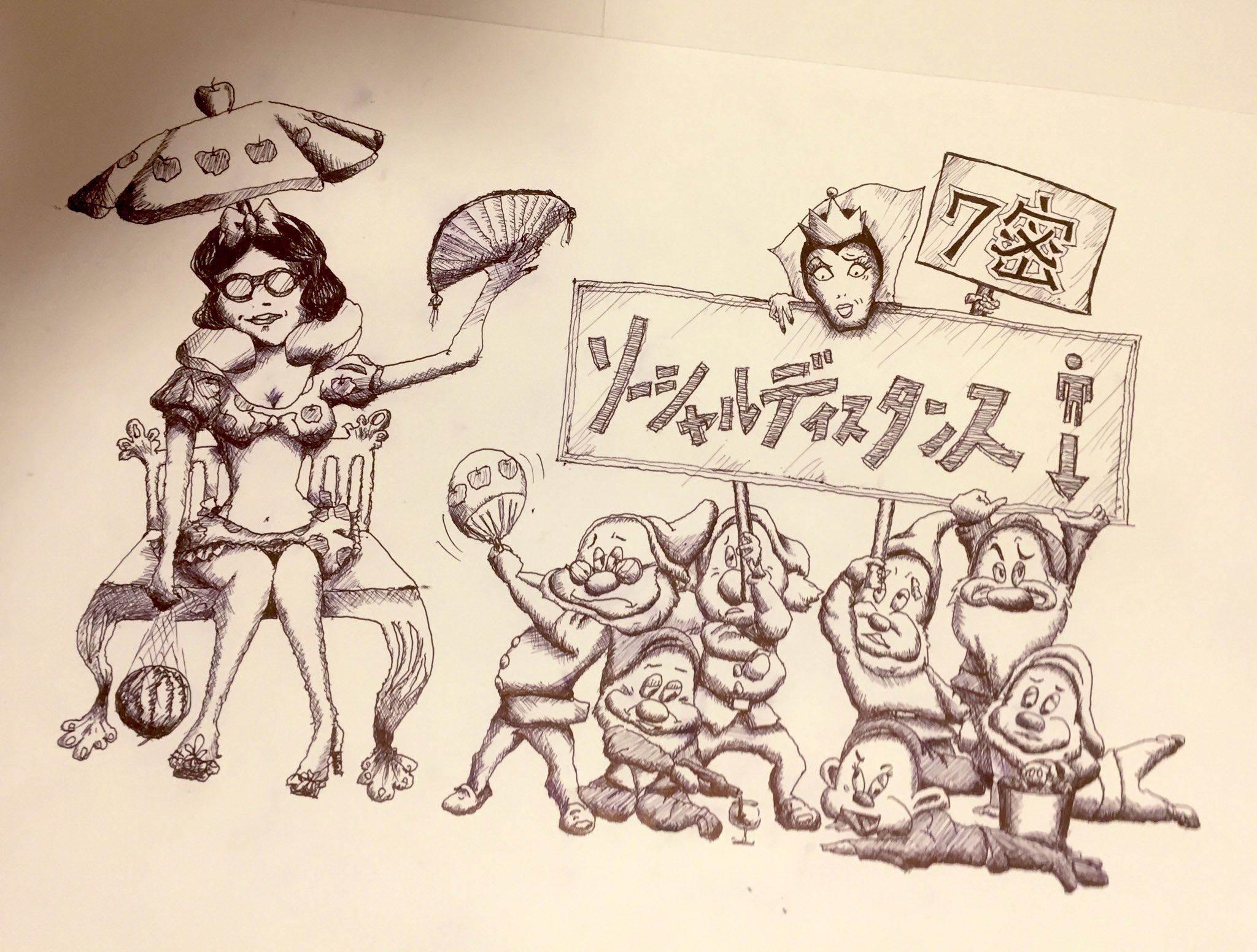 Ebceneエブセネ 皮肉と警鐘を込めて 風刺画 リスクを負いながら懸命に働く人へ応援 新しい生活様式を見つめ直そう 左団扇と過重労働者 拡散希望 絵描きさんと繫がりたい イラスト ペン画 アナログ コロナとどう暮らす ソーシャルディスタンス