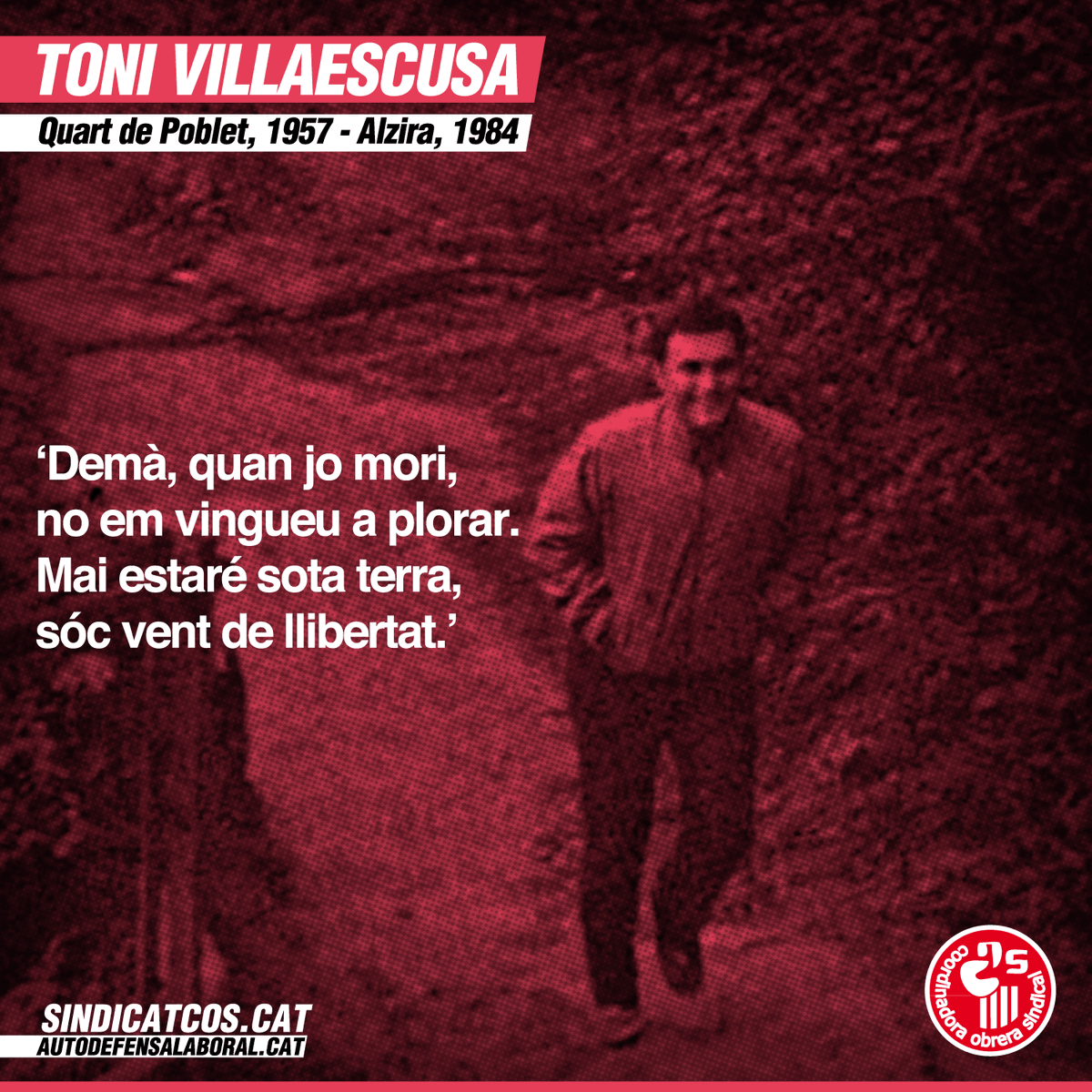COSnacional's tweet photo. #Taldiacomhui de fa 36 anys, Toni Villaescusa va morir tràgicament per l'explosió accidental d'un artefacte a I'INEM d'Alzira.

Militant del @psan_cat, impulsador de l'independentisme al Baix Llobregat, representa el compromís amb l'alliberament del nostre poble i classe. https://t.co/qA2SDEwBg7