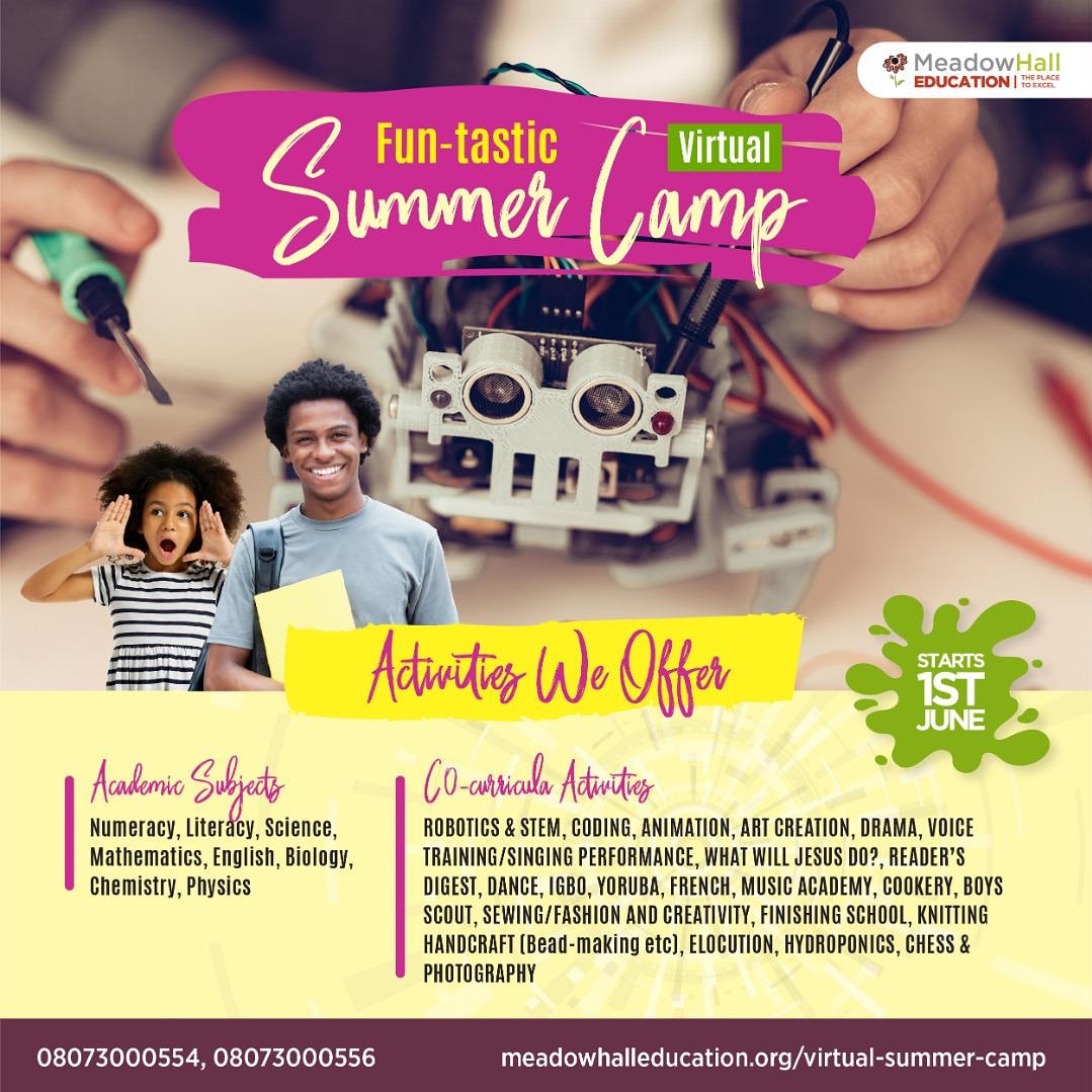 MeadowHallGroup's tweet photo. Our Virtual Summer Camp is currently ongoing! 

Register your child today in our Coding, Robotics, Hydroponics, Leadership classes and so much more. 

Click this link for more https://t.co/iceDcQXaKq
.
.
.
#meadowhall #virtuallearningplatform #virtuallearning #summercamp https://t.co/hxwgU9bPB7