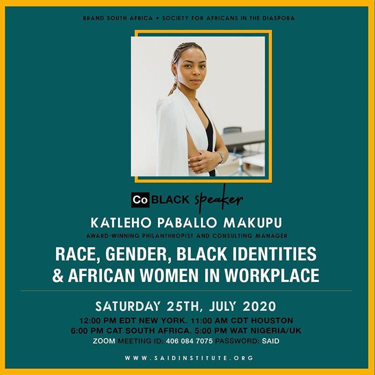 pebetse_rankwe's tweet photo. Join @PaballoKatleho, Award-winning Philanthropist and #Actuarial Consulting Manager for the Zoom event hosted by Society for Africans in the Diaspora as she talks on RACE, GENDER, BLACK IDENTITIES &amp; AFRICAN WOMEN IN THE WORKPLACE. 

Don't miss it! 💙 https://t.co/ol2zTa4vx9