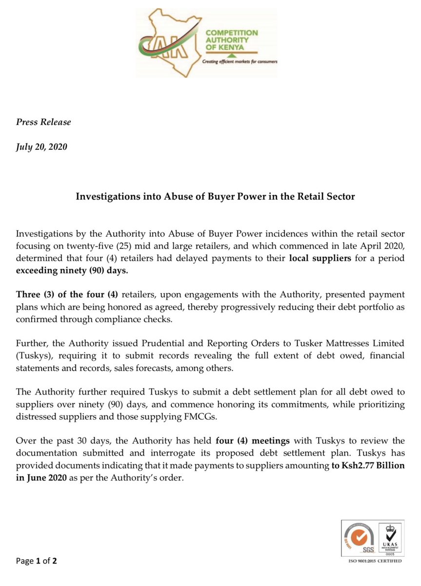 CAK_Kenya's tweet photo. PRESS RELEASE: Investigations into Abuse of Buyer Power in the Retail Sector. https://t.co/PUyhOJrlZ9