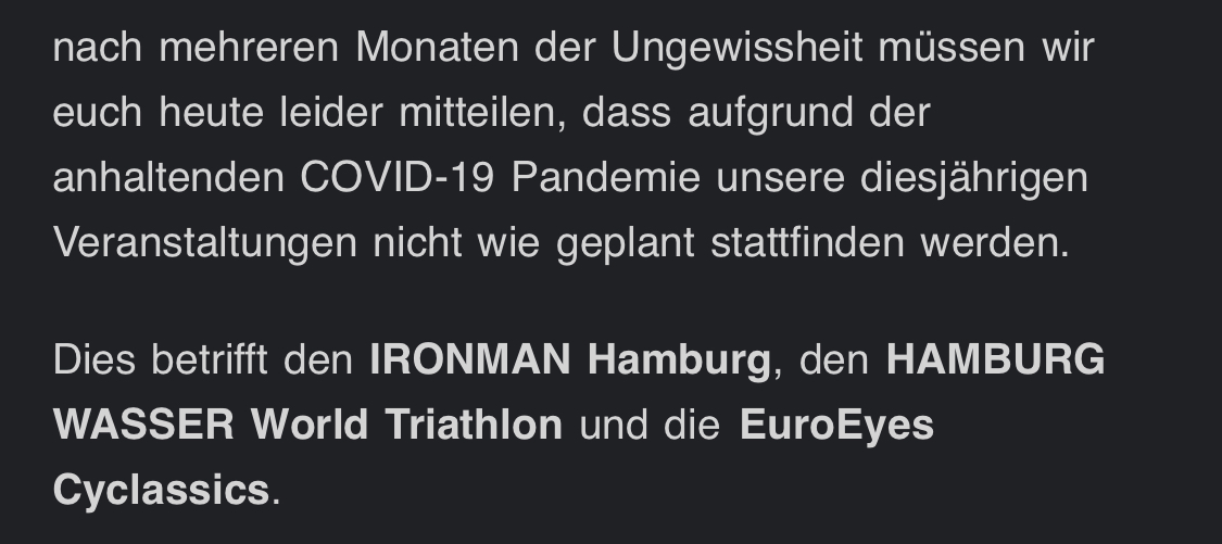 Und das war‘s dann auch mit den Ersatzplanungen zum #HaspaMarathon, den #Cyclassics, dem #ITUhamburg und dem #IronmanHamburg - keine Ausgabe 2020, es geht direkt mit den Veranstaltungen in 2021 weiter.