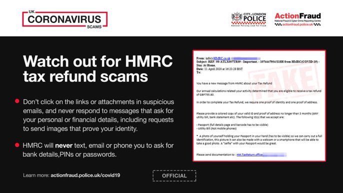 We are aware of scammers claiming to be from <a href="/HMRCgovuk/">HM Revenue & Customs</a> offering financial support as a result of coronavirus.

If you receive a text, email or call claiming to be from HMRC that asks you to click on a link or give info such as your name, credit card or bank details, it's a scam.