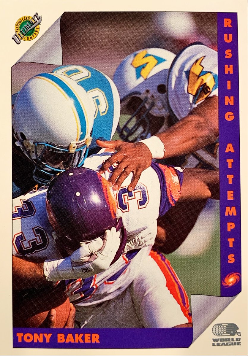 WLAFCards's tweet photo. Most rushing attempts with 199 in 1991′s inaugural #WorldLeague season.

Tony Baker #FrankfurtGalaxy - 1992 #Ultimate #WLAF #5

#WorldLeagueOfAmericanFootball #WLAFCards #Football #TradingCards https://t.co/1i2hIE5JFH