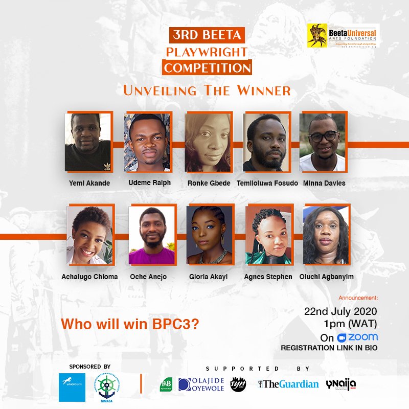 UNIONBANK_NG's tweet photo. Who will win Beeta Playwright Competition 3?
Join the virtual award ceremony to unveil the 3rd Beeta Playwright Competition winner on Wednesday, 22nd July 2020.
Attendance is free, but registration is mandatory. https://t.co/CoZ0jJwrAk

#BPC3 #Arts #WritingChallenge  #CSR https://t.co/i4WqU3ADZo