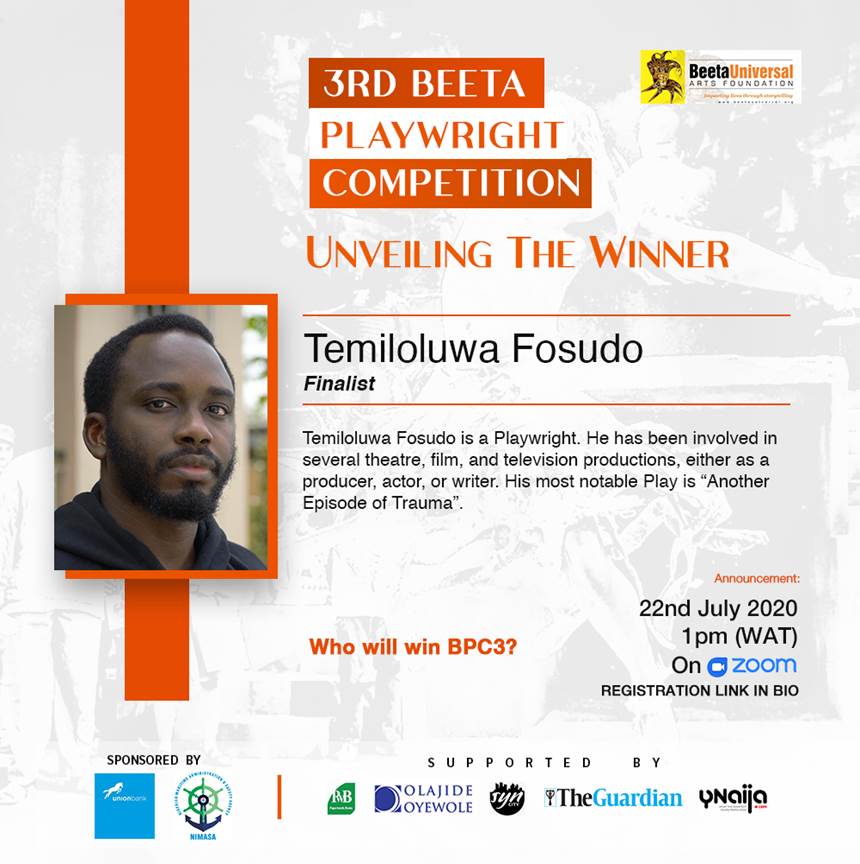 UNIONBANK_NG's tweet photo. Who will win Beeta Playwright Competition 3?
Join the virtual award ceremony to unveil the 3rd Beeta Playwright Competition winner on Wednesday, 22nd July 2020.
Attendance is free, but registration is mandatory. https://t.co/CoZ0jJwrAk

#BPC3 #Arts #WritingChallenge  #CSR https://t.co/i4WqU3ADZo