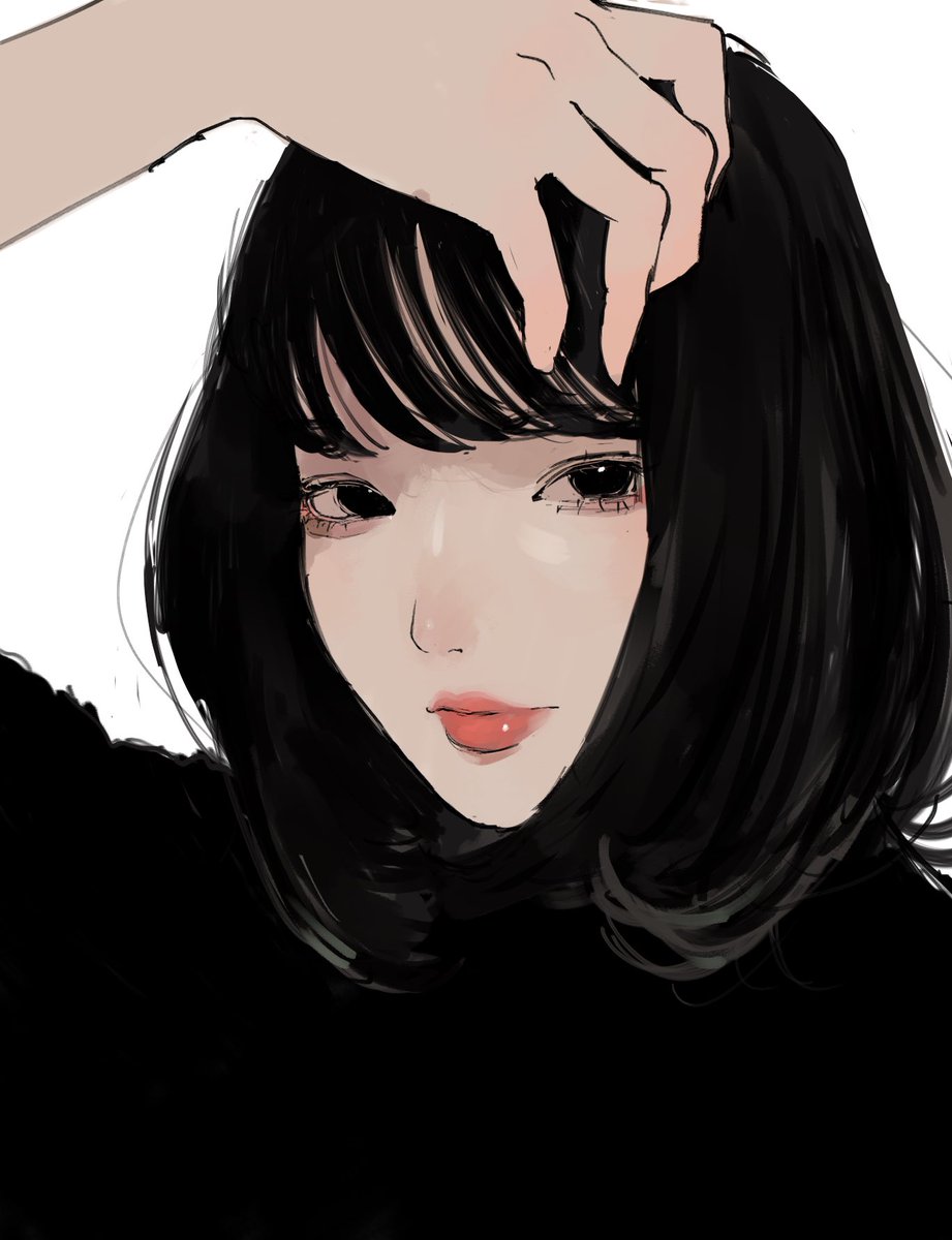 1girl solo black hair white background simple background black eyes looking at viewer  illustration images