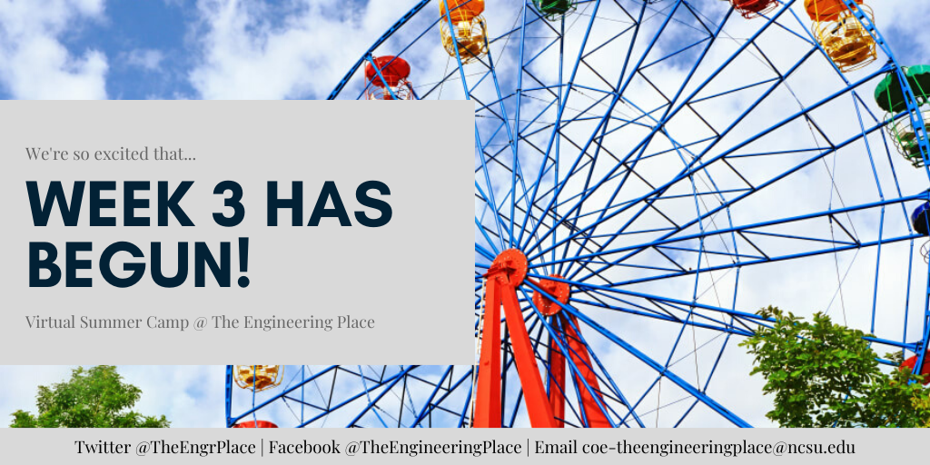 Week 3 is in full swing! We can't wait to see what the Amusement Park, Coding, ECE Python, and BME Veterinary Care camps #ThinkAndDo this week.  Have fun and get creative, future engineers! 🐺🎢
<a href="/NCState/">NC State University</a> <a href="/NCStateEngr/">NC State Engineering</a>