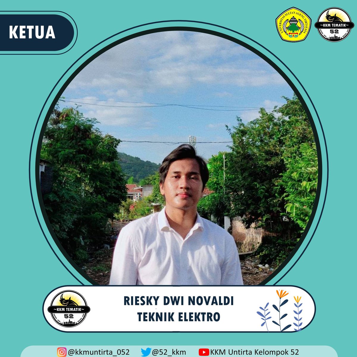 52_kkm's tweet photo. Hallo semua!!
Perkenalkan kami dari Kelompok 52 KKM TEMATIK UNTIRTA 2020. Berikut ini kami akan memperkenalkan profil singkat dari masing-masing anggota.

Nama: Riesky Dwi Novaldi
Jurusan: Teknik Elektro
NIM: 333217005
Jabatan: Ketua

#KKMUNTIRTAKELOMPOK52
#KKMUNTIRTAJAWARA2020 https://t.co/DEnNV72FMc