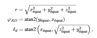 On peut alors calculer l'ascension droite et la déclinaison. https://fr.wikipedia.org/wiki/Point_vernalPar les formules montrées avec atan2 une fonction de fortran permettant de calculer les angles.