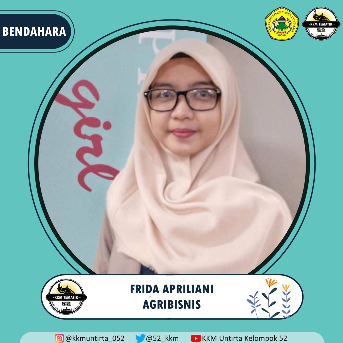 52_kkm's tweet photo. Hallo semua!!
Perkenalkan kami dari Kelompok 52 KKM TEMATIK UNTIRTA 2020. Berikut ini kami akan memperkenalkan profil singkat dari masing-masing anggota.

Nama: Frida Apriliani
Jurusan: Agribisnis
NIM: 4441170023
Jabatan: Bendahara

#KKMUNTIRTAKELOMPOK52
#KKMUNTIRTAJAWARA2020 https://t.co/XgOLRiVqBE