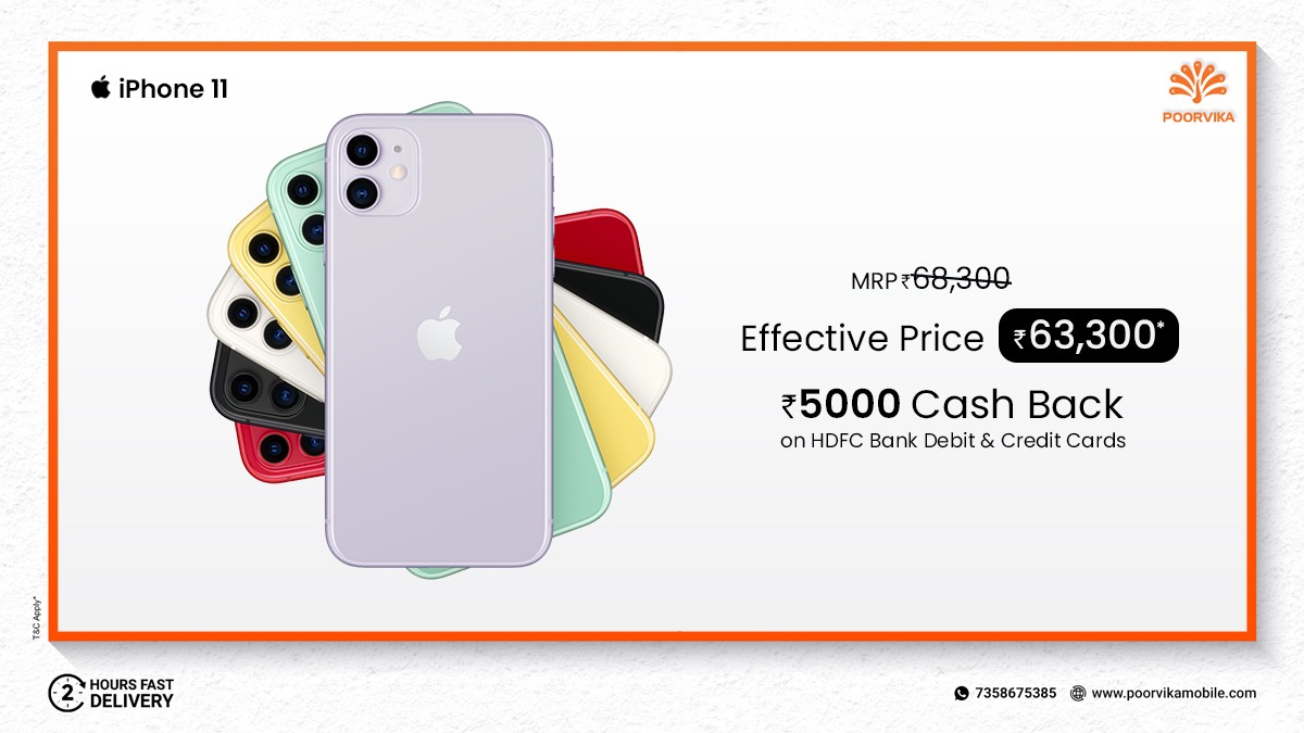 poorvika_india's tweet photo. Owning #iPhone11 is Much Easier Now at #PoorvikaMobiles with Rs. 5,000 #Cashback on #HDFC Credit cards &amp; Debit Cards.
.
Eff. Price : Rs. 63,300*
.
Get now : https://t.co/rtYyoTqoNs
Delivered at your doorstep within 2 hours* #Expressdelivery 

#Apple #iPhone #iOS #Poorvika https://t.co/dnuaCgGVZE
