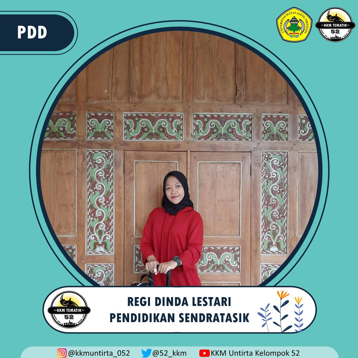 52_kkm's tweet photo. Hallo semua!!
Perkenalkan kami dari Kelompok 52 KKM TEMATIK UNTIRTA 2020. Berikut ini kami akan memperkenalkan profil singkat dari masing-masing anggota.

Nama: Regi Dinda Lestari
Jurusan: Pend. Sendratasik
NIM: 2289170008
Jabatan: PDD

#KKMUNTIRTAKELOMPOK52
#KKMUNTIRTAJAWARA2020 https://t.co/GolAJkvjpj