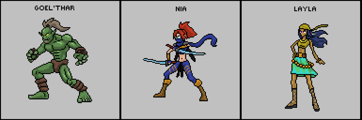 JorinDesign's tweet photo. Battle sprites of Goel'Thar, Nia and Layla. Although they still need some polishing I'm starting to like them already. #ProjectRisenPath #characterdesign #pixelart #gamedev #aseprite https://t.co/hP8qGbCgZf