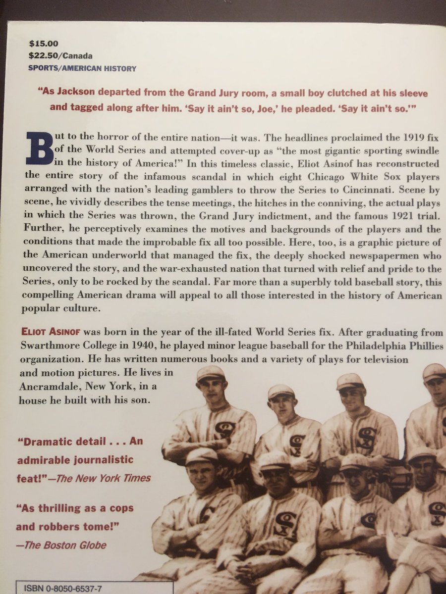 Baseball Week on the book thread begins with ...Suggestion for July 20 ... Eight Men Out: The Black Sox and the 1919 World Series (1963) by Eliot Asinof.