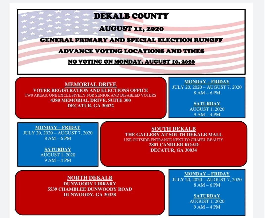 DeKalbVotes's tweet photo. Day 1 of Early Voting for the August 11th General Primary and Special Election Runoff. There are 3 sites available for voting this week. #itsindekalb #dekalbvotes https://t.co/ck9o1VE0FT