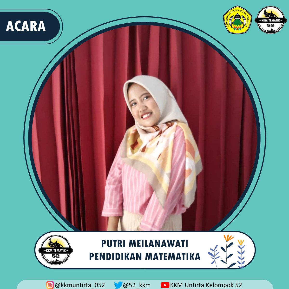 52_kkm's tweet photo. Hallo semua!
Perkenalkan kami dari Kelompok 52 KKM TEMATIK UNTIRTA 2020. Berikut ini kami akan memperkenalkan profil singkat dari masing-masing anggota.

Nama: Putri Meilanawati
Jurusan: Pend. Matematika
NIM: 2225170103
Jabatan: Acara

#KKMUNTIRTAKELOMPOK52
#KKMUNTIRTAJAWARA2020 https://t.co/5NXCJcSJEX