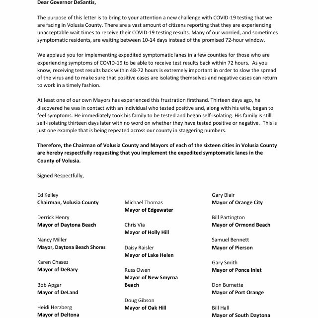 realclairemetz's tweet photo. All 16 mayors in #Volusiacounty &amp; county council chairman sign letter to @GovRonDeSantis asking him to create expedited COVID symptomatic testing lanes as he has in other areas of state. This after one local mayor, @MayorChrisVia was tested 2 weeks ago, still awaiting results. https://t.co/MXfEz4w4Zx