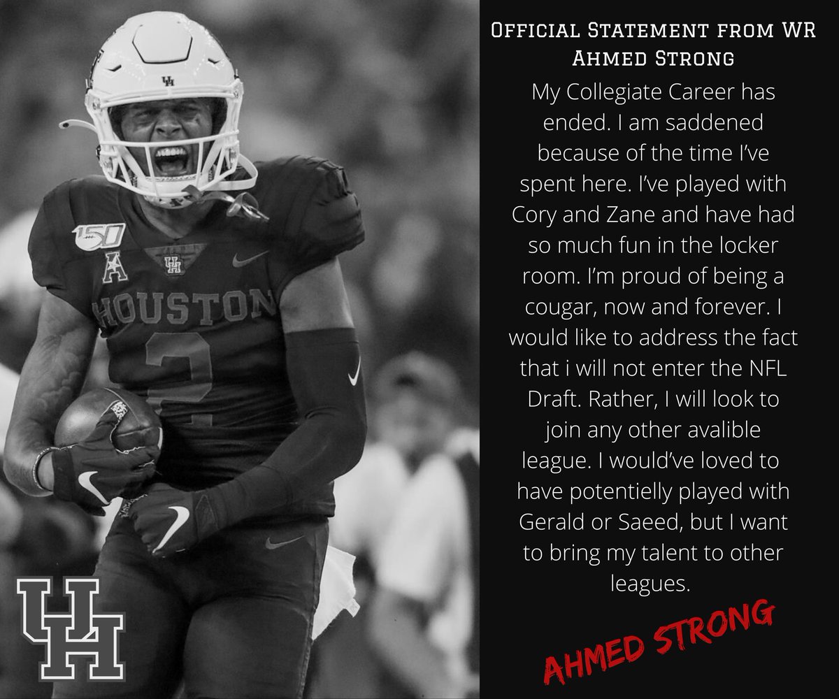Retro_TimKelly's tweet image. Houston Cougars WR Ahmed Strong’s statement: