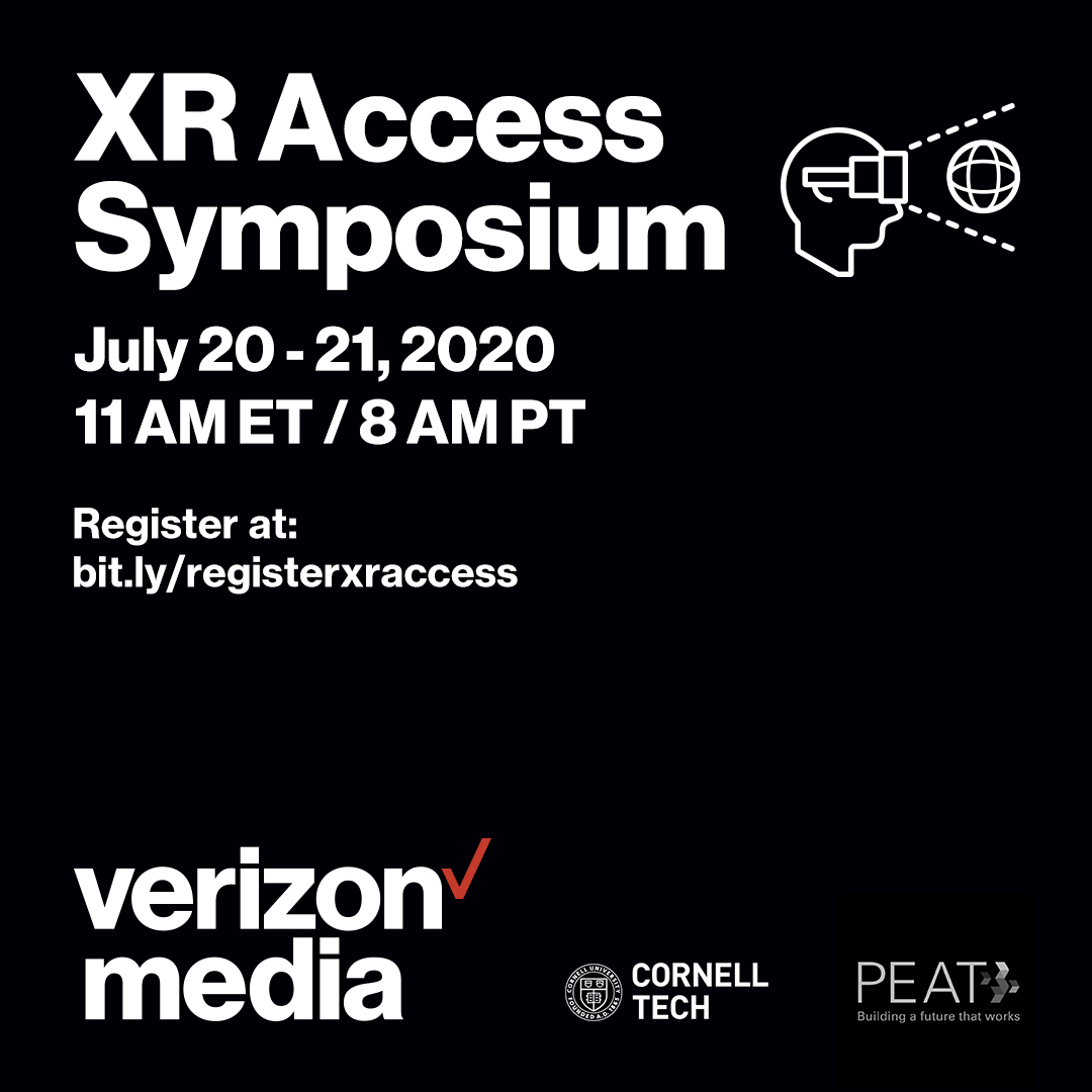 XRAccess's tweet photo. Today's the day: Participate in the 2020 XR Access Symposium starting today at 11 AM EST. Join us to learn from a cross-sector group of experts discussing the history &amp; future of #accessible #XR - Register here: https://t.co/7JA0OSyoZj #a11y #ADAnext30 https://t.co/efJRKPF21V