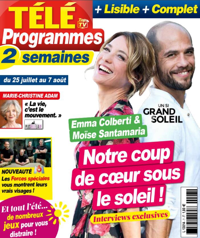 francetvpro's tweet photo. Cette semaine en couverture de #TéléProgrammes2semaines avec #EmmaColberti #MoïseSantamaria #UnSiGrandSoleil #Eve #Manu Retrouvez le feuilleton @UnSiGrandSoleil du lundi au vendredi à 20h40 @France2tv Merci #PatrickWeiss #ThomasLaborde https://t.co/5NezfaWoQT