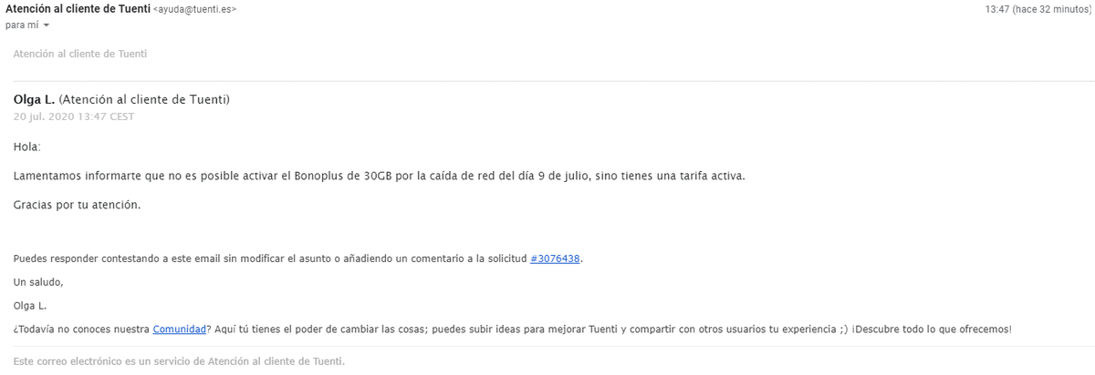 Después de sufrir la caída de la red durante 2 días y perder importantes llamadas telefónicas ahora resulta q <a href="/TuentiES/">tuenti.es</a> no me compensará con ese mísero bono de 30GB si no pago previamente una tarifa. Tiene sentido? Yo no lo creo. La peor gestión imaginable. #tuenti #ocu #estafa