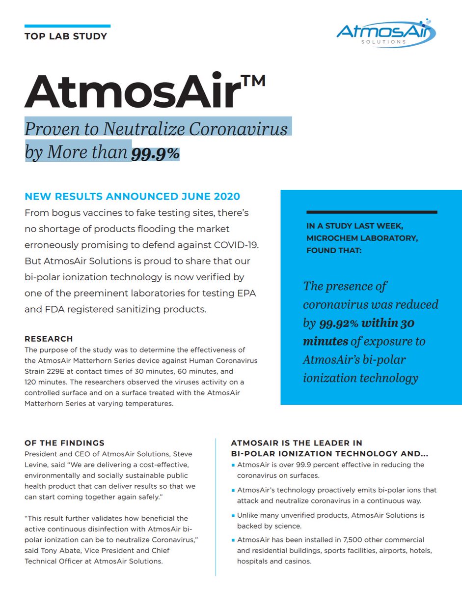 If Bob Kraft and the Patriots have installed Atmos Air in Gilette Stadium, pretty good bet it works. Proven to neutralize Coronavirus by more than 99.9%
#bipolarionization #fightCOVID19 #businessinsidersaysbipolarizationmaybesecretweaponagainstCOVID19