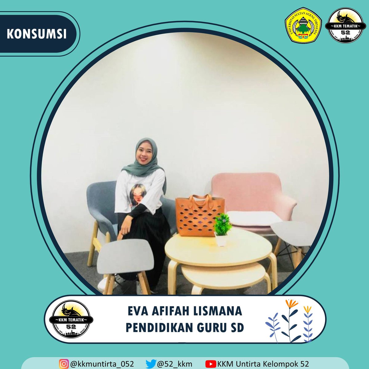 52_kkm's tweet photo. Hallo semua!!
Perkenalkan kami dari Kelompok 52 KKM TEMATIK UNTIRTA 2020. Berikut ini kami akan memperkenalkan profil singkat dari masing-masing anggota.

Nama: Eva Afifah Lismana
Jurusan: PGSD
NIM: 2227170094
Jabatan: Divisi Konsumsi

#KKMUNTIRTAKELOMPOK52
#KKMUNTIRTAJAWARA2020 https://t.co/KujWJvi5BV