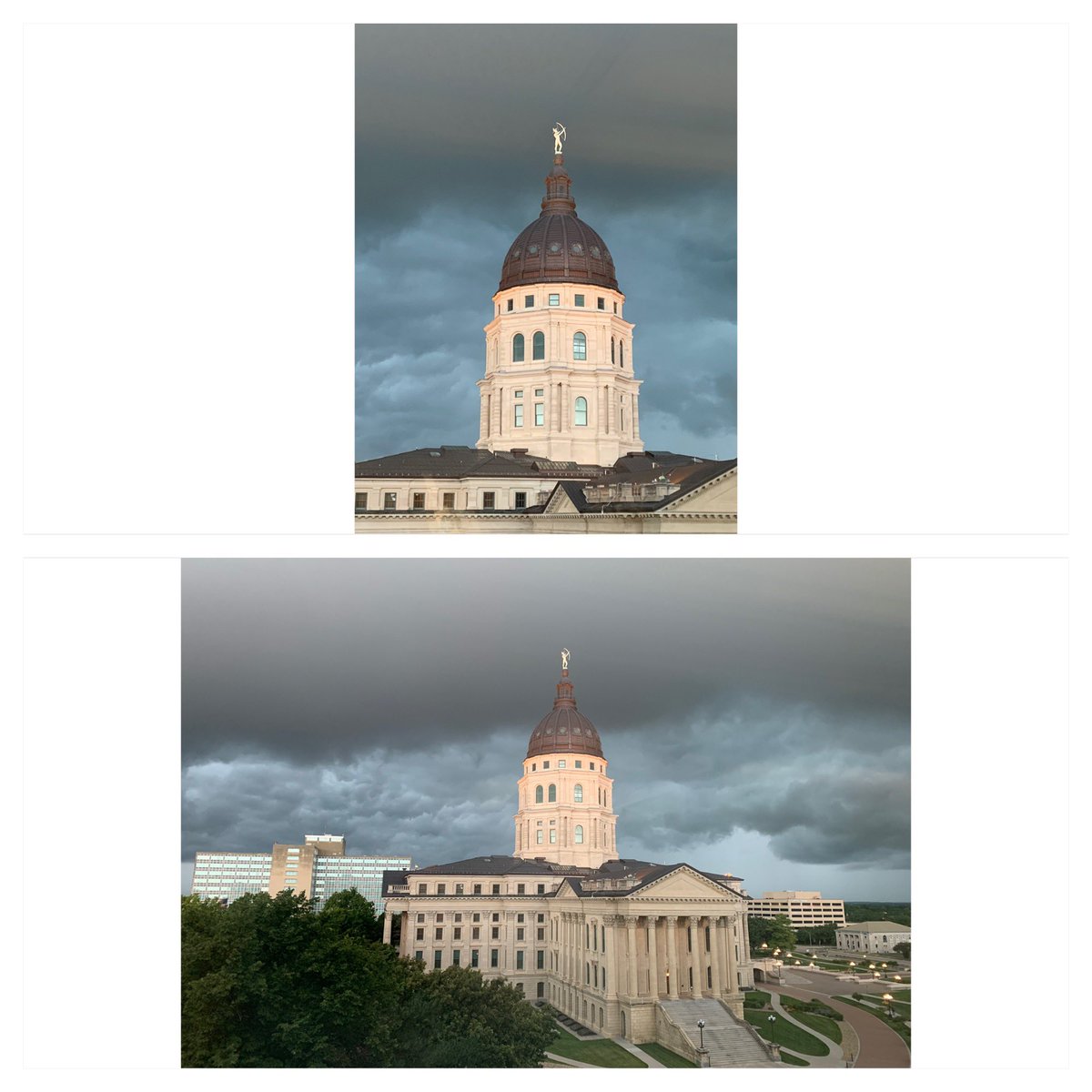 marcie_3sonsomg's tweet photo. Love the Ad Astra warrior statue that seems to be glowing this morning with black clouds behind him on top of the beautiful Kansas capital building! #LoveKansas #AdAstra https://t.co/Pa1f8q9YZE