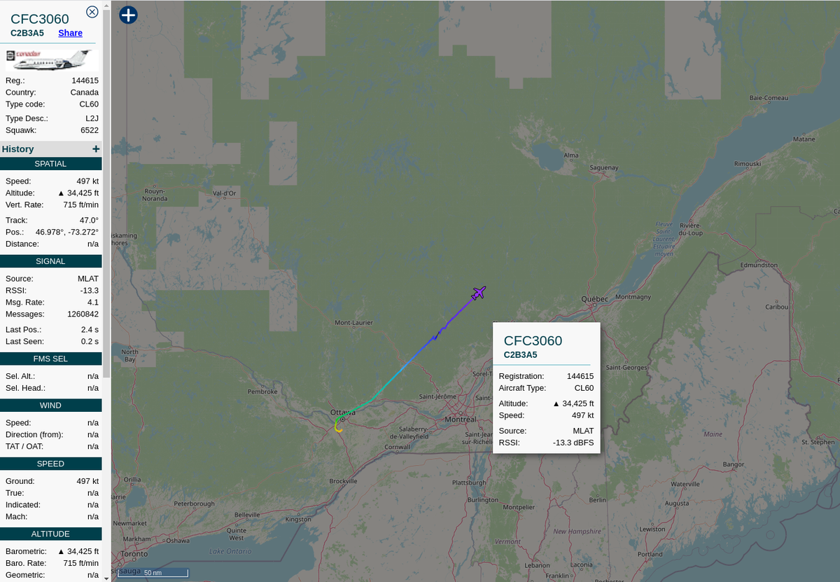 steffanwatkins's tweet photo. 🇨🇦 Royal Canadian Air Force #RCAF CC-144B Challenger 144615|#C2B3A5|#4233A1|#CFC3060 departed #CYOW this morning; headed across the pond? Is it a #VIP?
Currently using #ModeS.

https://t.co/dWtjbO1GXL
https://t.co/6WwSJl98q7 (spoofed ICAO)

📷 2018-10-24 https://t.co/iZIvJe1W5g https://t.co/uijThErdNR