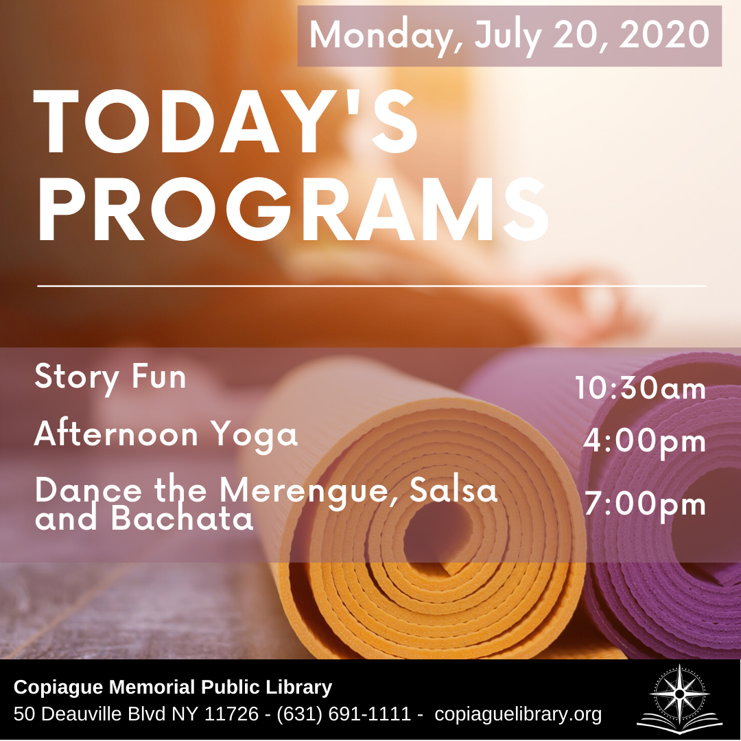 CopiagueLibrary's tweet photo. Don't miss today's programs!
https://t.co/3sGjN9zLWA
https://t.co/Xs0CSuzTzs
https://t.co/rkOdqJK9ub
#copiaguelibrary #copiagueny #virtualprograms #libraries #virtuallyopen https://t.co/QuUbKDc4KM
