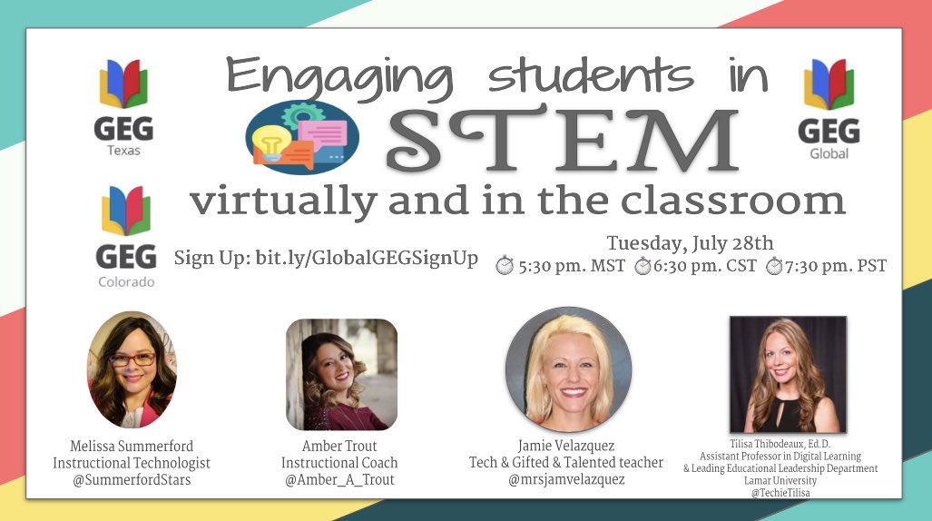 Want to learn how to engage students in STEM virtually and in the classroom? Join <a href="/TechieTilisa/">T. Thibodeaux, Ed.D.</a> @Amber_A_Trout @mrsjamvelazquez on
📆 Tuesday, July 28th
⏱ 6:30 pm CST
SignUp 👉🏻 bit.ly/GlobalGEGSignUp
Youtube link 👉🏻 youtu.be/_TluqeSgKSI