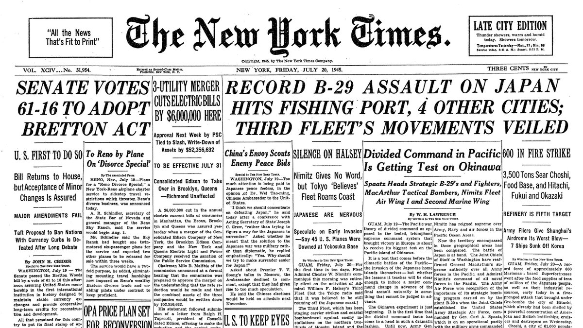 July 20, 1945: Record B-29 Assault on Japan Hits Fishing Port, 4 Other Cities; Third Fleet's Movements Veiled  https://nyti.ms/3fRCoJS 