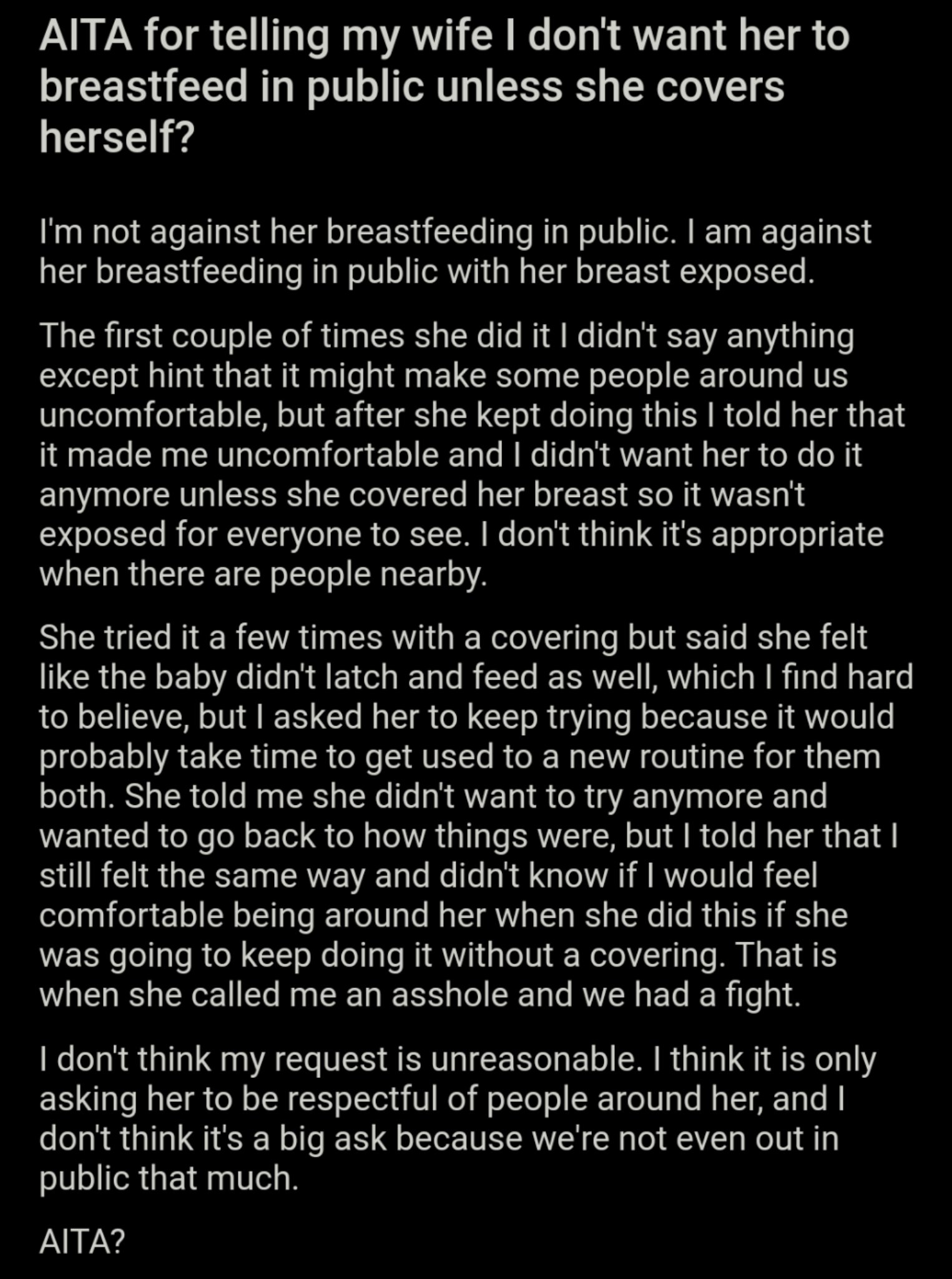 Am I the Asshole? on X: AITA for telling my wife I don't want her to  breastfeed in public unless she covers herself? t.cozEwtdSvxTi  t.coJwNtJOB6zZ  X